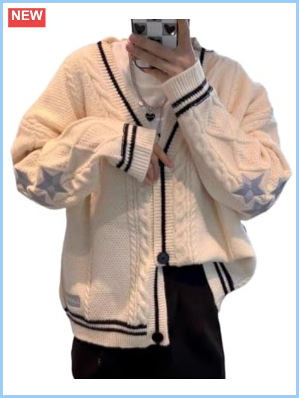 Women's Star Embroidery Open Front Cardigan V Neck Long Sleeve Oversized Knit